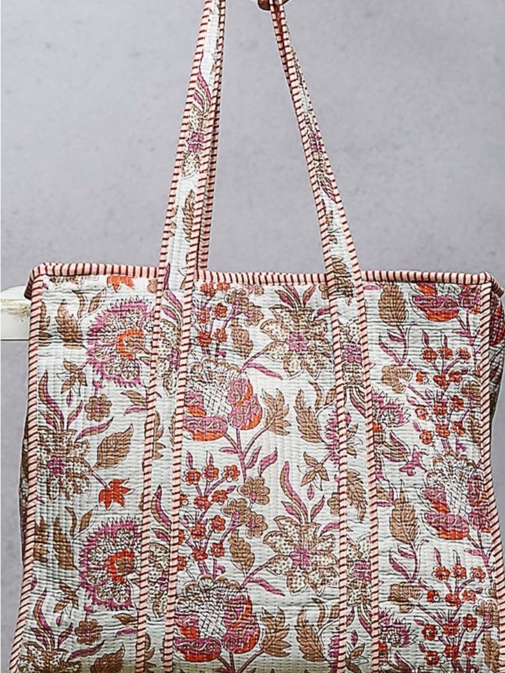 POL Floral Quilted Cotton Tote in Pink, Tan & Cream